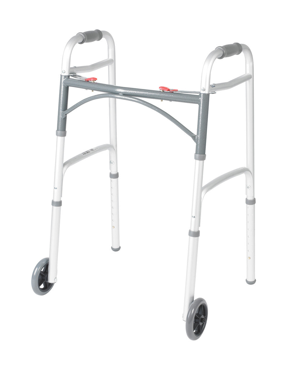 Drive's Deluxe Two-Button Folding Walker allows for convenient folding, is easy to navigate through narrow spaces, and comes with 5" Wheels.