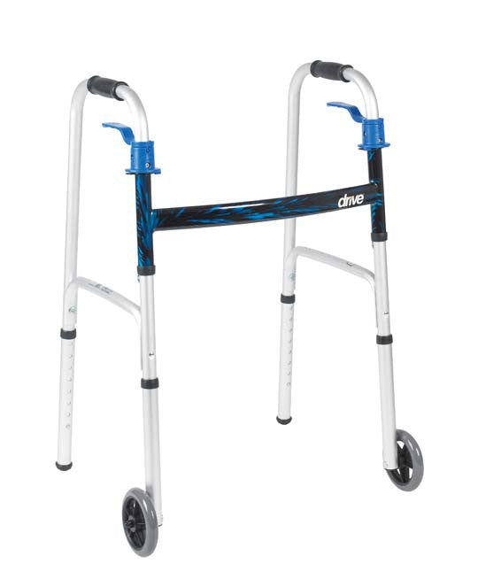 The Deluxe Trigger Release Folding Walker with 5" Wheels by Drive Medical has a composite trigger release mechanism that closes the walker without the hands ever leaving the soft, contoured grips of the walker. Made of lightweight aluminum, the walker comes with 5" casters, rear glide caps and glide covers.
