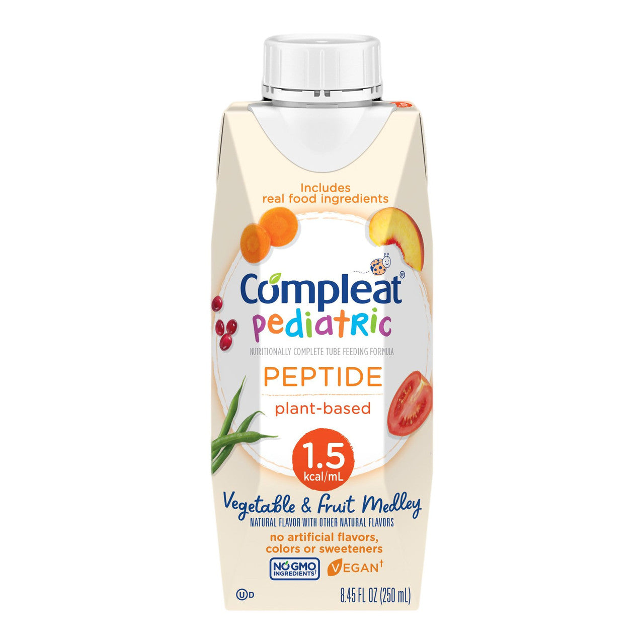 Compleat® Pediatric Peptide 1.5 – Vegetable & Fruit Medley is a calorically dense, plant- and peptide-based liquid formula crafted for tube feeding (or oral use) in children ages 1–13 years with elevated energy needs.