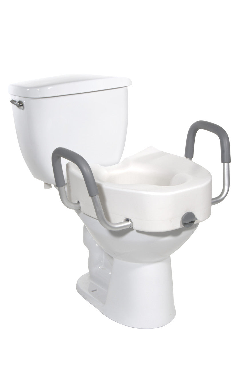 Premium Plastic Raised Toilet Seat w/ Lock & Padded Armrests, Elongated - 5 Inch, 300 Lbs. Capacity