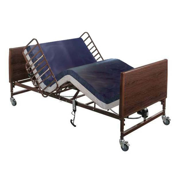 The Drive 15302LW Lightweight 48"W Bariatric Full-Electric Bed, shown with optional Half-Rails (item# 15021BV-LW and foam mattress), provides a weight capacity of 750 lbs.