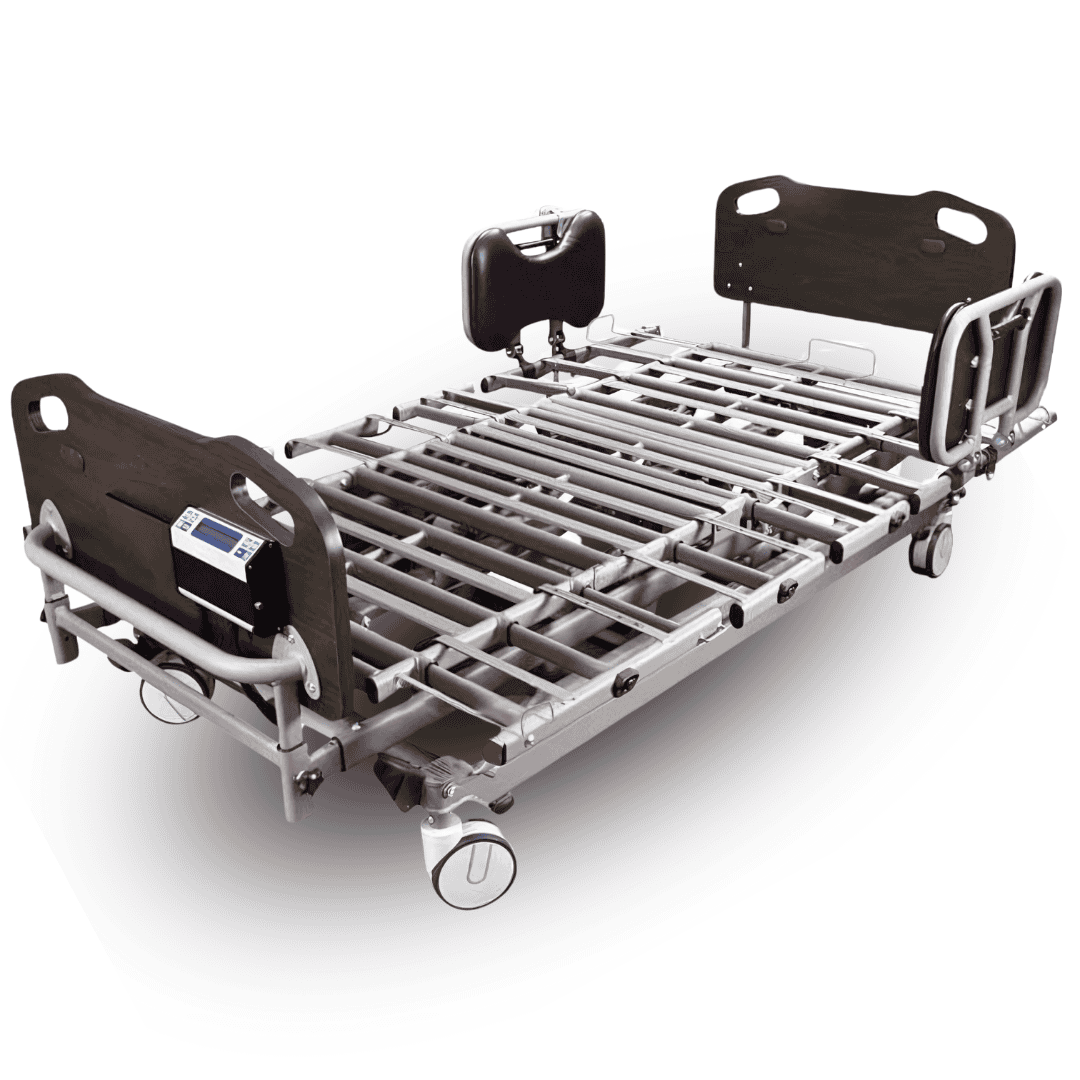 P2002 Drive Prime Plus hospital bed comes standard with Built-in Width Expansions from 37" to 54" and Padded Side Rails, Pair. Shown with Figured Mahogany bed ends and with optional Bed Weigh Scale.
