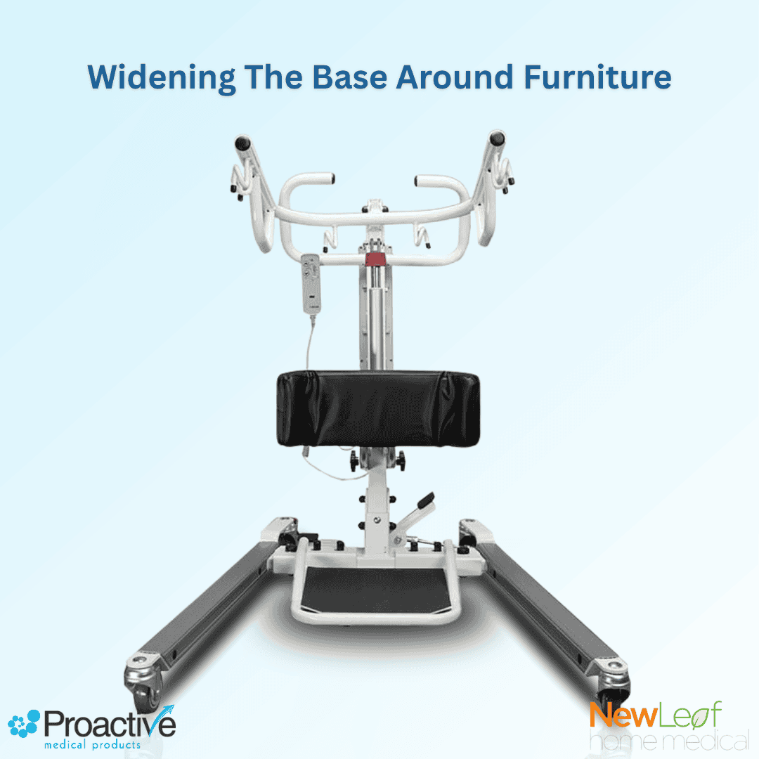 The Protekt 500 Stand Sit-To-Stand Powered Patient Lift is ergonomically designed for safe and smooth patient transfers to and from a seated position. Shown with base expanded to accommodate closer transfers around wheelchairs and other seating products.