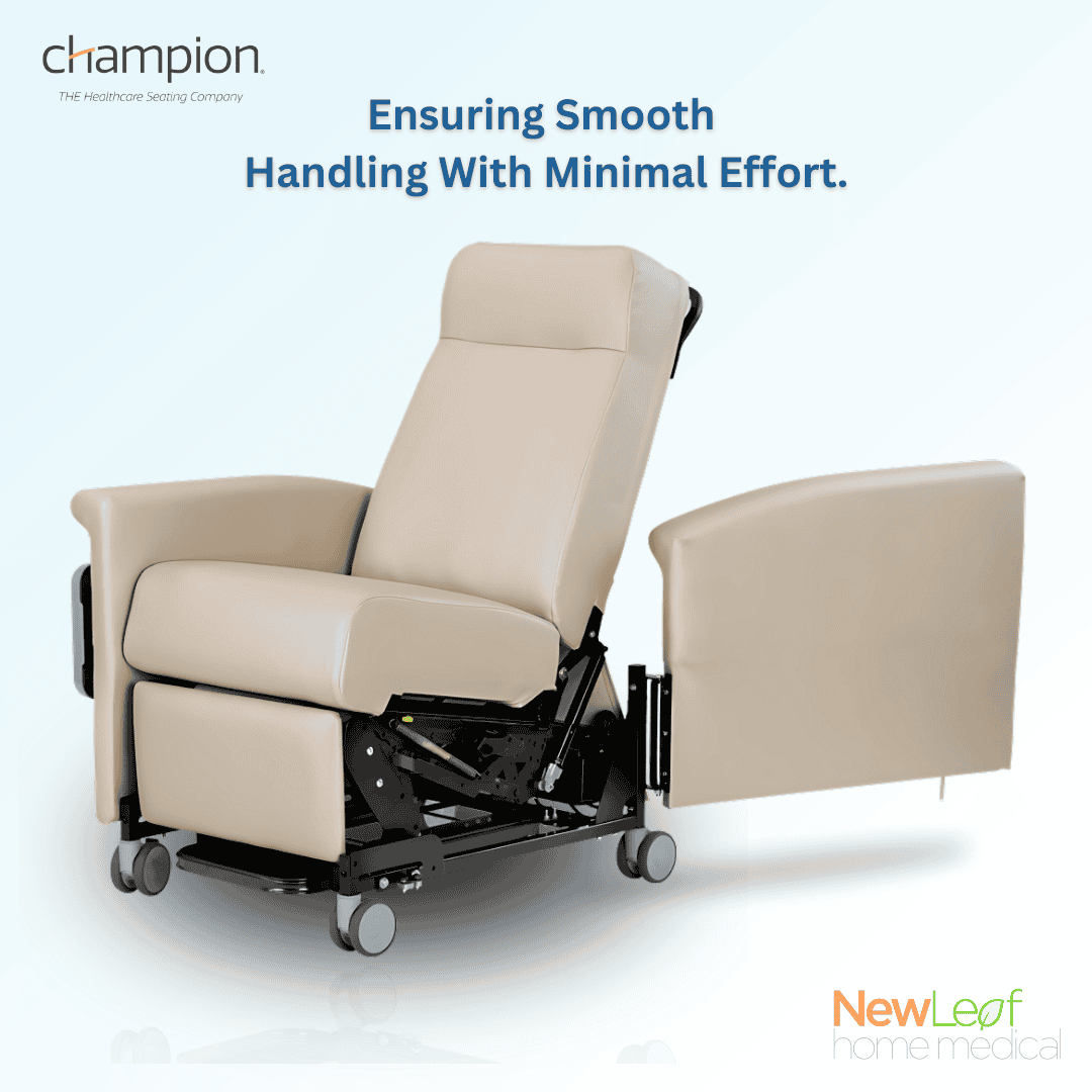 An upscale, stylish recliner, featuring swing-away arms for patient transport and extra padding for increased comfort