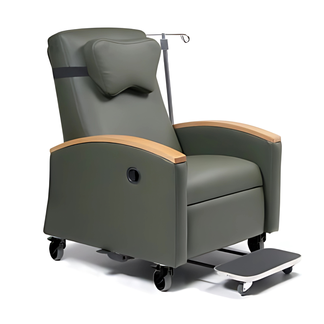 The Lumex Ortho-Biotic II Recliner FR597G was carefully designed specifically for use in a wide variety of healthcare environments. Shown with optional IV pole. Hide-away Foot rest comes standard.