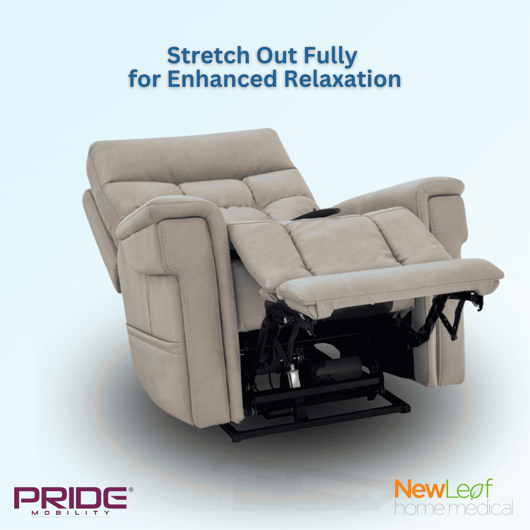 Extended Footrest and Independent Backrest Movement shown in the image,  adjusts separately for customized positioning