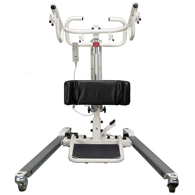 The Protekt 600 Stand Sit-To-Stand Powered Patient Lift is ergonomically designed for safe and smooth patient transfers to and from a seated position. Shown with base expanded to accommodate closer transfers around wheelchairs and other seating products.