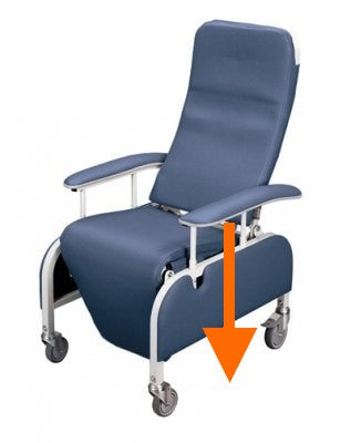 The Lumex Preferred Care Infinite Position Drop-Arm Recliner FR565DG features self storing, height adjustable drop arms that are simple for the caregiver to activate and enables a safer, easier lateral transfer. (Shown in Blueridge)