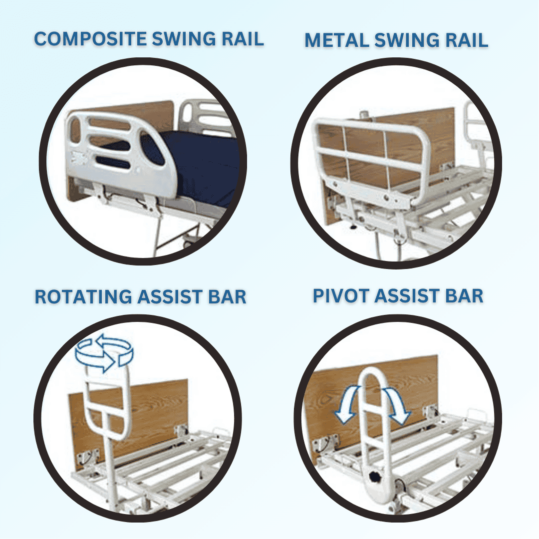 The Dynarex DB300 Bariatric HD Long-Term Care Bed offers four (4) optional  rails and assist bars pairings—Metal Swing Rail; Composite Swing Assist Rail; Rotating Assist Bar; and Pivot Assist Bar.