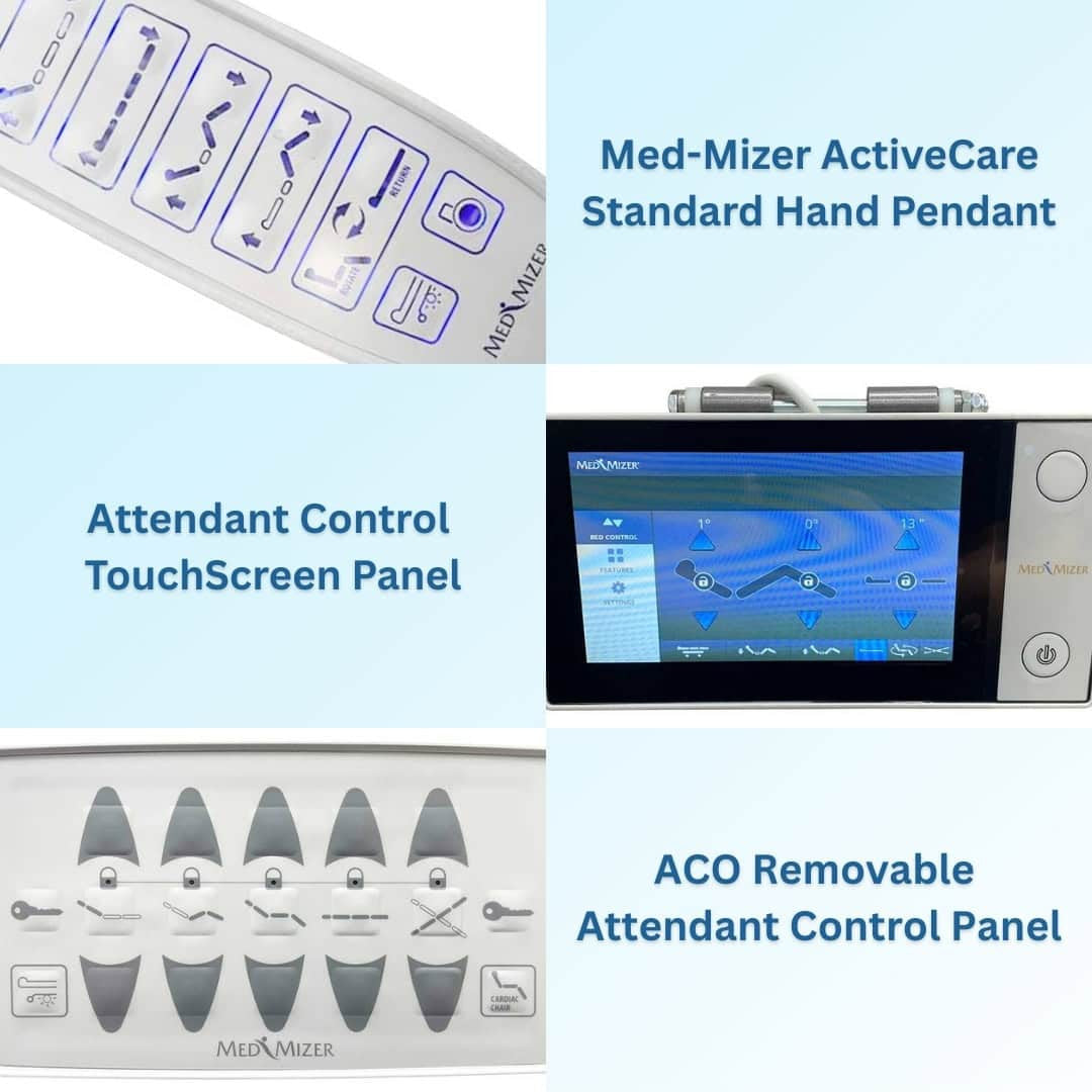 Med-Mizer ActiveCare standard Hand Pendant comes standard to control all ActiveCare Fixed Height and Standard Height Adjustable models. Optional ACO Removable Attendant Control Panel with Lockouts (item# ACO-ActiveCare). Optional Attendant Control Touchscreen panel is an advanced digital control interface that offers Lockout, digital HOB/Knee Angle and Height Indicator, and Trendelenburg.