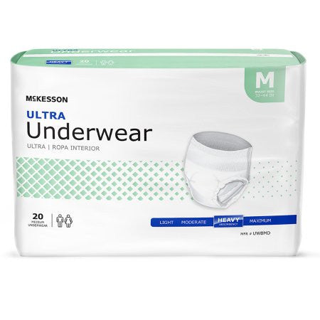 McKesson Ultra adult pull-on is incontinence underwear that has built-in protection for people who are mobile. The pull-on and cloth-like construction offers heavy absorbency and features elastic gathers to protect against leakage.