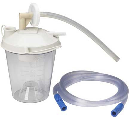 Drive Medical's 800cc Disposable Suction Canister Kit is universally used with suction pump machines. This kit includes the 800cc suction canister, 10" tubing, elbow connector, 6-foot tubing, and hydrophobic filter.