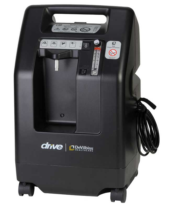 The Drive DeVilbiss 525DS 5 LPM oxygen concentrator is a budget savor, durable, and quiet (standard unit shown). Also available in an Ultra-Quiet 525DS-Q model.