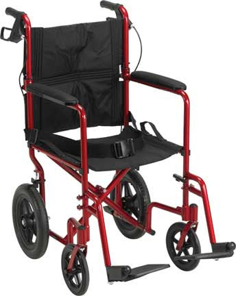 Although the Expedition 19" Aluminum Transport Chair by Drive Medical weighs only 19 pounds, it supports up to 300 lbs. Shown in Red, SKU EXP19LTRD.