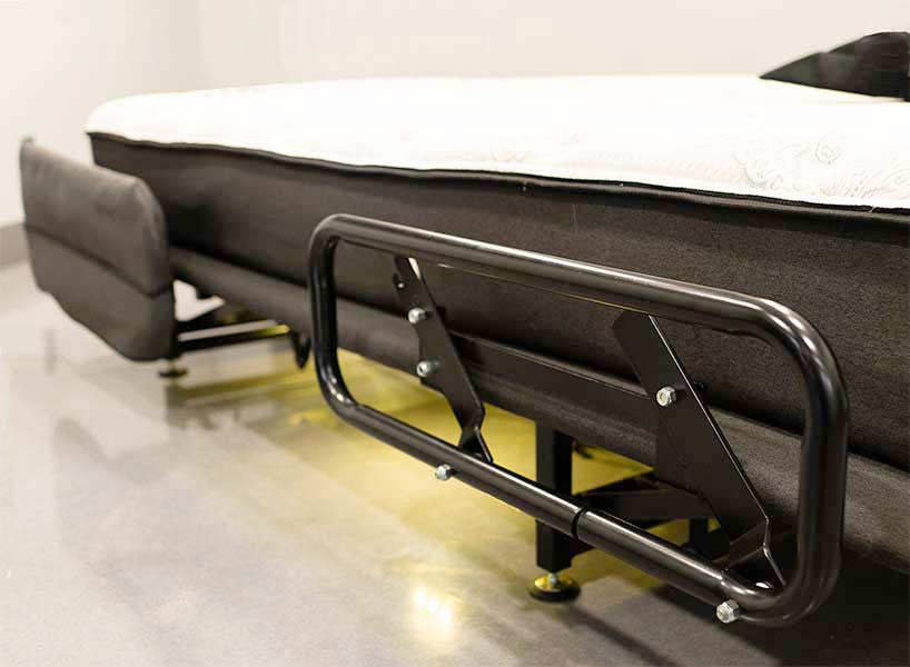 Side Rails for the Flexabed adjustable bed lower below the top of the mattress for ease with ingress and egress. Optional Rail Cover Organizer features a handy pocket for storage.