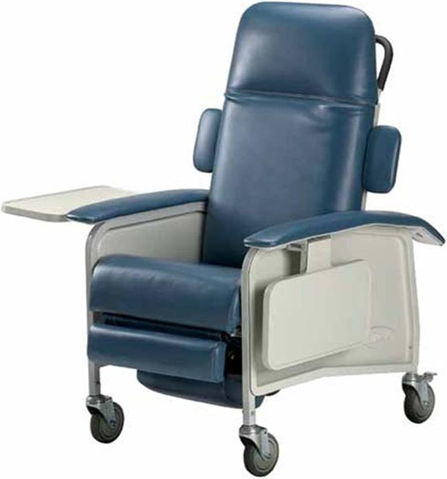 The Invacare Clinical 4-Postion Recliner IH6077A is an incredibly comfortable and versatile for use as a Dialysis Chair, Infusion Chair, or in Patient Room, Same-day Surgery, Long-Term Care and Oncology environments. Shown in Blueridge.