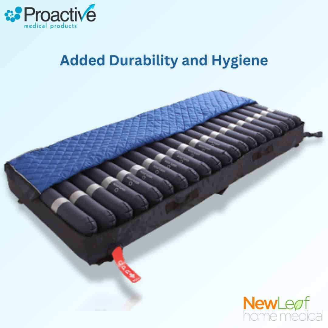 The Protekt Aire 4000DX Deluxe mattress and pump system shown with removable and washable cover zipped back