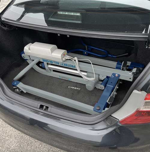 The Protekt All-In-One Wheelchair to Car Transfer Mobile Patient Lift easily folds up to fit in most cars and SUV's.