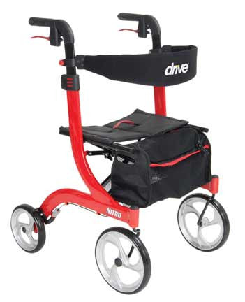 The Drive Medical Nitro Rollator 10266 offers a sporty and stylish look in a lightweight package. This sturdy, and ultra easy and convenient to use rollator features adjustable height handles with the convenience of a push-button, a tool-free adjustable padded back support, caster fork design to enhance turning radius, large 10" front casters that provide optimal steering and rolling comfort, and much more. (shown in Red RTL10266)