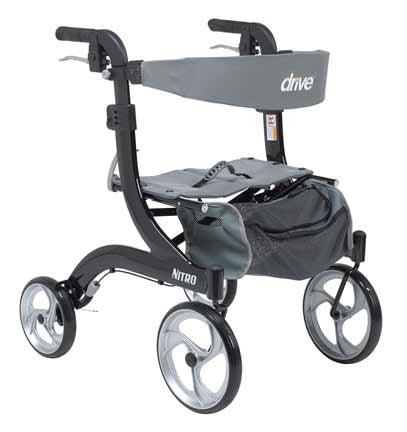 The Drive Medical Nitro Rollator Hemi RTL10266-H is made specifically for users 5' 2" and below. This innovative new rollator is sporty and stylish. But besides its great Euro-style looks, it's also lightweight, sturdy, and ultra easy and convenient to use and store. (shown in Black RTL10266BK-H)
