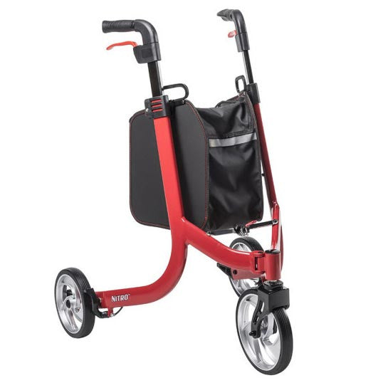 The Nitro 3-Wheel Rollator is the newest addition to Drive Medical's premium line of Nitro rollators. It is stylish with a modern design and features a lightweight aluminum frame.