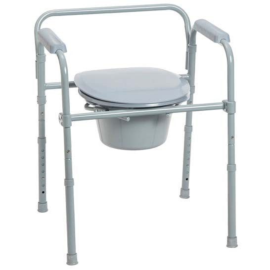 Drive Folding Steel Commode can be used in any room with included & removable bucket, or position over commode. Secure, Height Adjustable & convenient padded armrests.