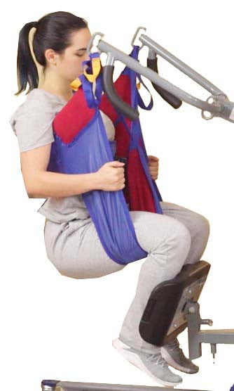 The Sit-to-Stand Padded Toileting "Sani Sling" is used when patients do not have the arm or leg strength required to participate in the raising and lowering process.