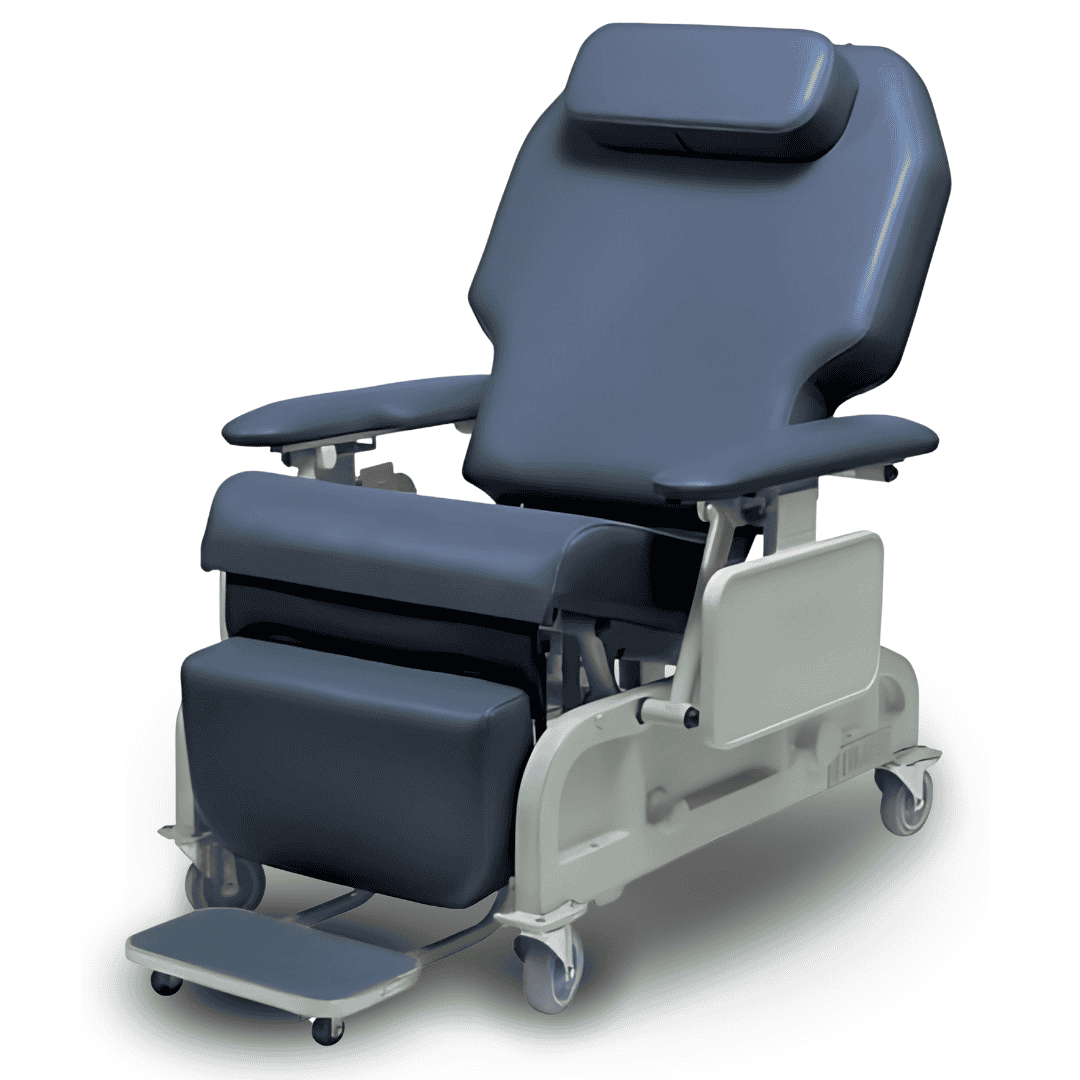 The Lumex Bariatric Powered Recliner FR588W features a four-function wired Hand Pendant activates the motor that allows caregivers to safely recline and raise patients without strain. Comes fully equipped with a Rechargeable Battery Pack for full operation away from wall outlets. (shown in Blue Ridge)