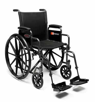 The Advantage LX Wheelchair is available in 16"W x 16"D, 18"W x 16"D, and 20"W x 16"D seat sizes, and comes with black padded nylon or vinyl upholstery. Shown with Desk Arms and Swingaway Footrests.