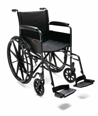 The Advantage LX Wheelchair is available in 16"W x 16"D, 18"W x 16"D, and 20"W x 16"D seat sizes, and comes with black padded nylon or vinyl upholstery. Shown with Full Arms and Swingaway Footrests.