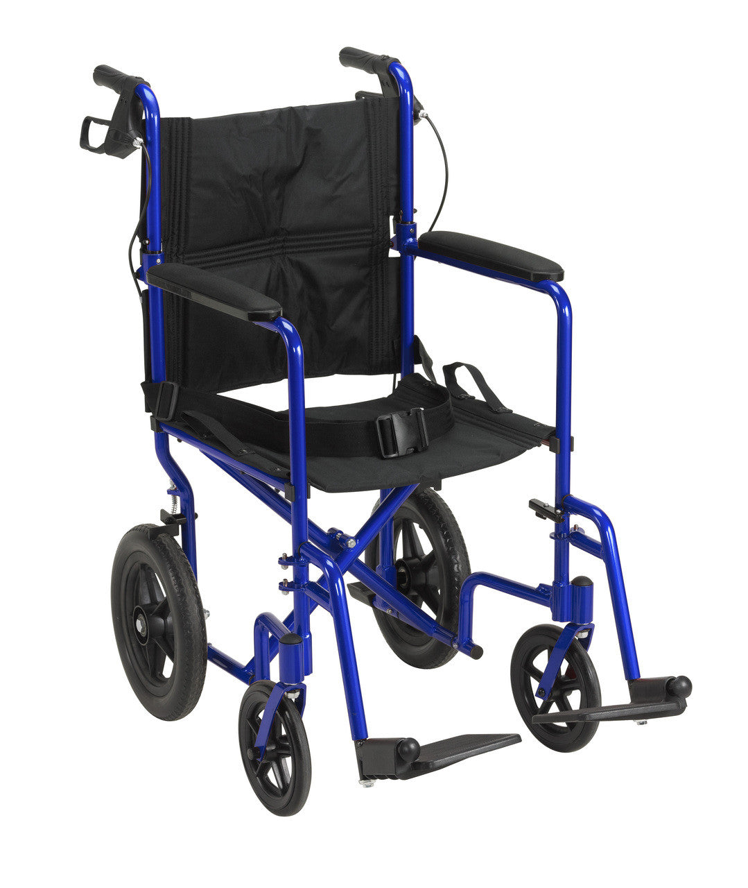 Although the Expedition 19" Aluminum Transport Chair by Drive Medical weighs only 19 pounds, it supports up to 300 lbs. Shown in Blue, SKU EXP19LTBL.