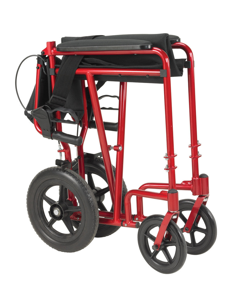 The Lightweight Expedition Transport Chair comes standard with 12" rear flat free tires to provide a stable ride over a variety of terrain, and is easily folded for storage or transport.