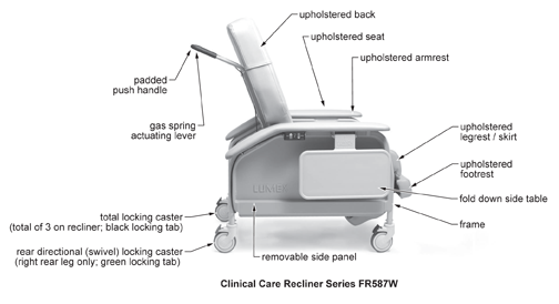 The Lumex Deluxe Clinical Care Bariatric Recliner FR587W series has been designed specifically for the larger resident/patient. Shown with features chart.