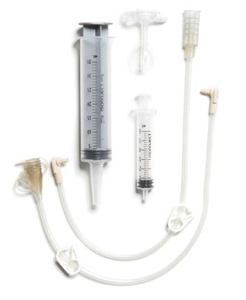 The full kit includes: 
1- MIC-KEY Low-Profile Feeding Tube
1- MIC-KEY Extension Set with SECUR-LOK Right Angle Connector and 2 Port Y and Clamp - 12 in. Length. (available separately 0121-12)
1- MIC-KEY Bolus Extension Set with Cath Tip, SECUR-LOK Straight Connector and Clamp -  12 in. Length. (available separately 0123-12)
1- 6ml Syringe
1- 35ml Catheter Tip Syringe
4- Gauze Pads
1- Directions for Use
1- Patient Care Guide
