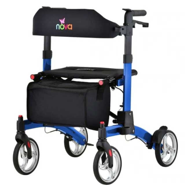 Nova Monarch Rollator model 4329BL (blue) offers a 32" to 36" adjustable handle height range.