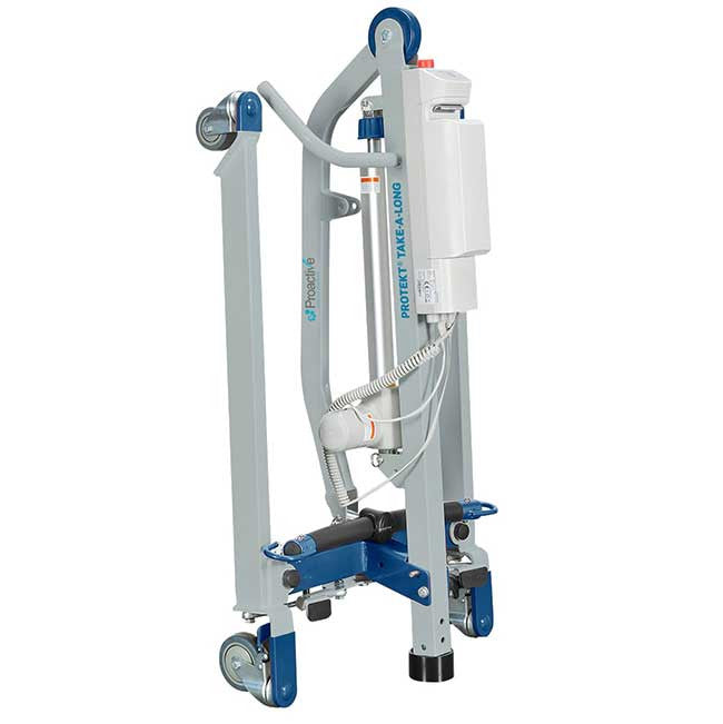 The Protekt Take-A-Long Portable Patient Lift 33400P is fully powered and foldable / portable for individuals who travel or have limited space at home that dictates quick and convenient storage requirements. The unit folds up to fit in most automobile trunks for transport and travel.