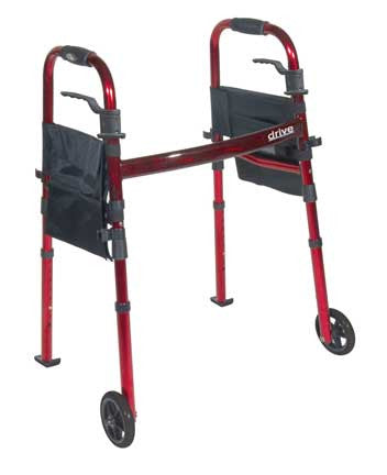 The Portable Folding Travel Walker offers 5" wheels and fold up legs with a 29.5" to 37" adjustable handle height.