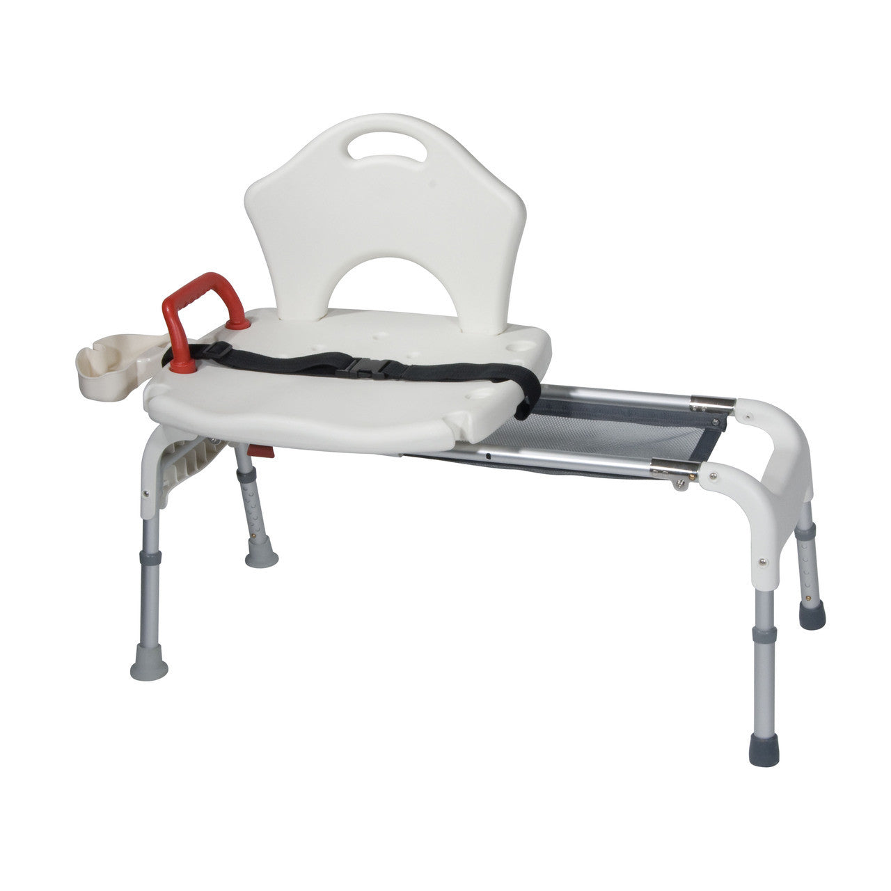 The Drive Medical's Folding Universal Sliding Transfer Bench RTL12075 offers you a safe and easy way to transfer in and out of the bathtub. The bench smoothly slides left and right along the frame, and comes equipped with a seat belt for added safety and transfer handle that can be easily switched to the best side for your use.