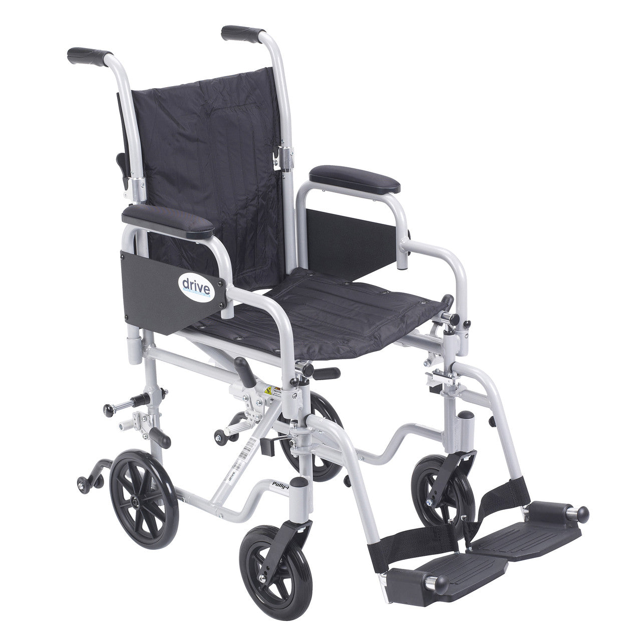 The Drive Poly-Fly Lightweight Wheelchair/Transport Chair Combo features quick release 24" wheels that can easily transition into a self-propelled transport chair. Shown with the larger 24" wheels removed.